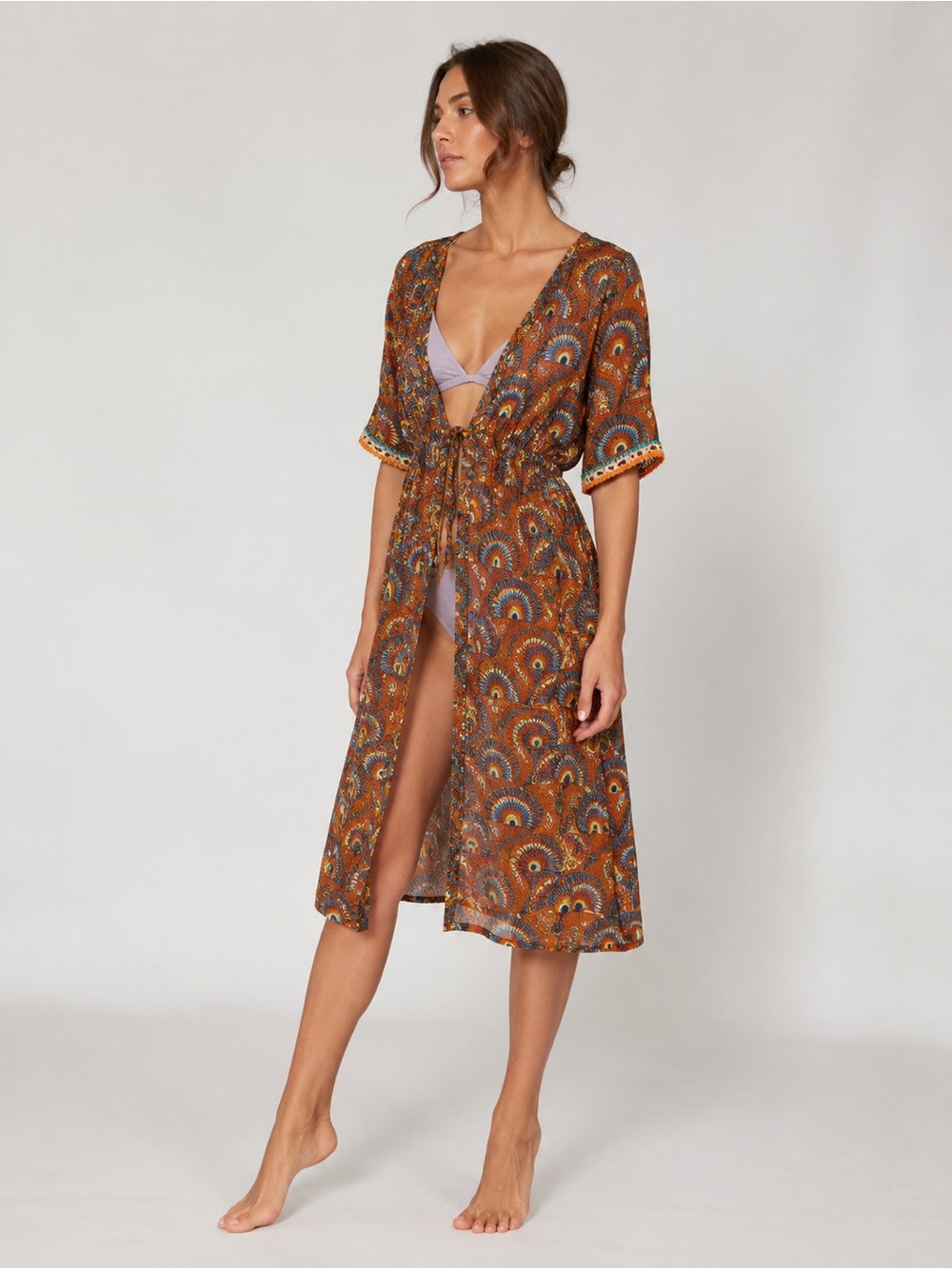 Printed Brown Swim Cover-Up Kimono